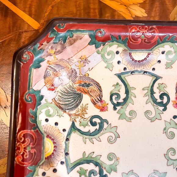 Vintage 8in Chinoiserie Asian Ceramic Rooster Square Plate Red Green Cream - Picture 4 of 8
